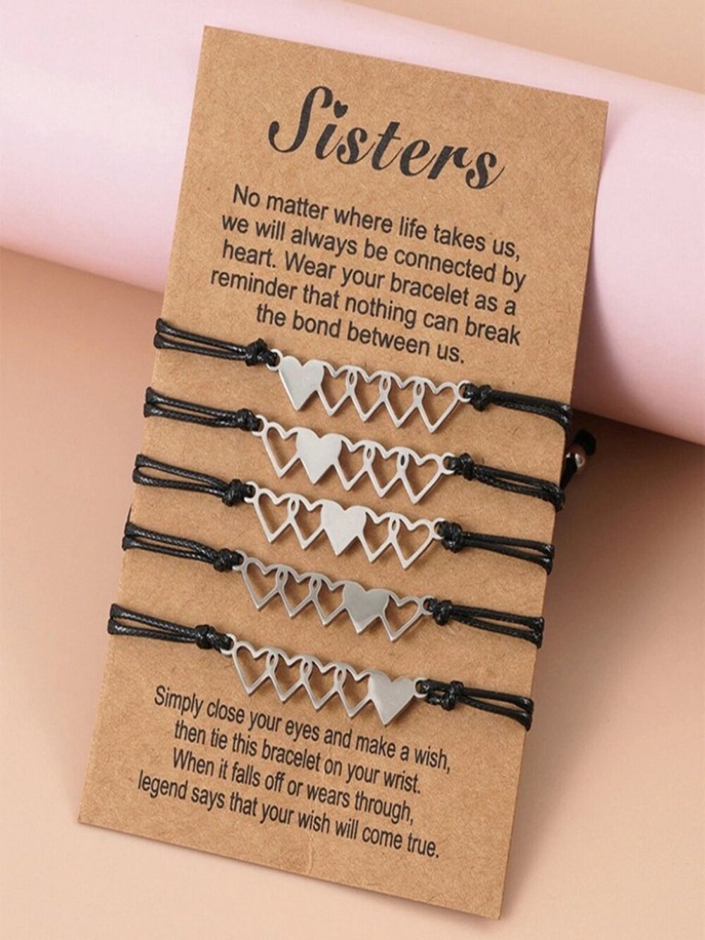 Sisters Heart Bracelet Set Friendship Wish Bracelet Adjustable Cord Gift - Picture 3 of 3